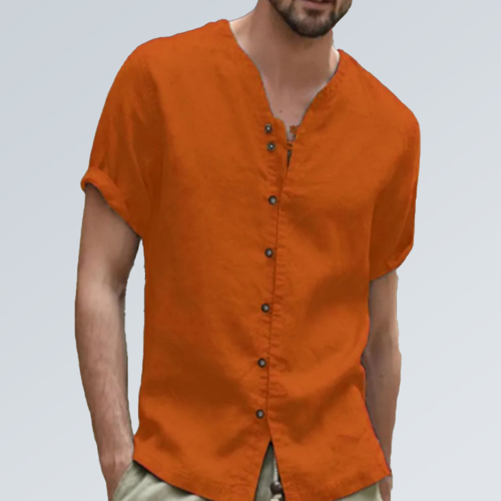 Einfarbiges Kurzarmhemd aus Baumwolle und Leinen für Herren