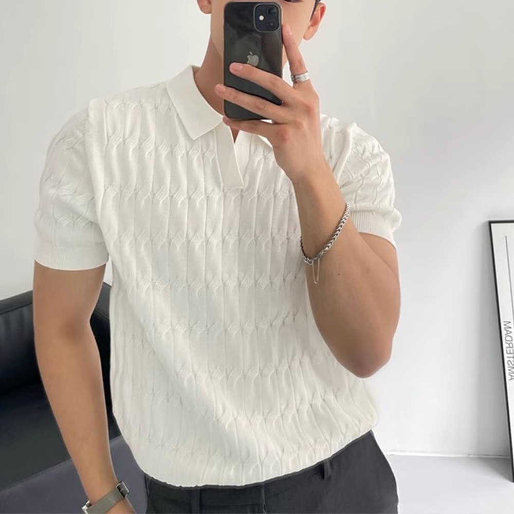 Atmungsaktiver Jacquard-Kurzarm-Strickpullover mit Revers für Herren