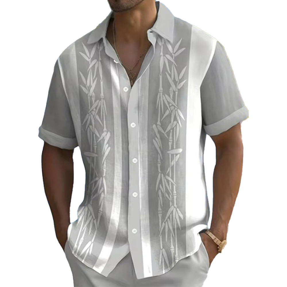 Kurzärmliges Herrenhemd mit Bambus-Tintenmalerei-Print und Revers
