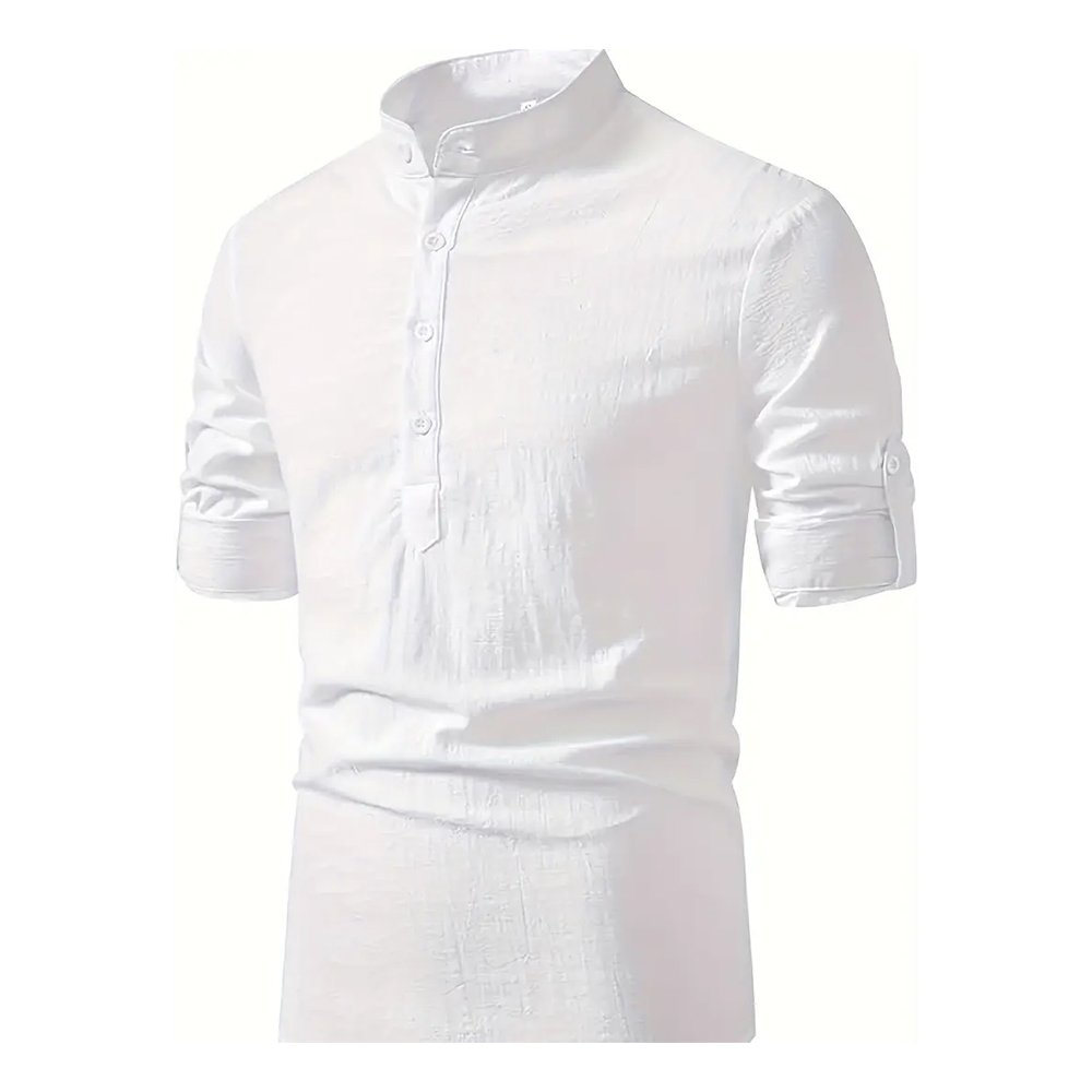 Einfarbiges Herrenhemd aus Baumwolle und Leinen mit langen Ärmeln und lockerem Stehkragen