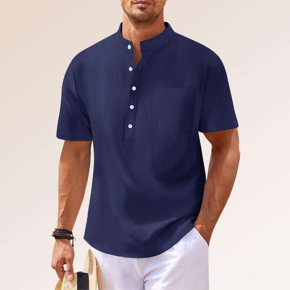 Lockeres Kurzarmhemd aus Baumwolle und Leinen mit Stehkragen für Herren