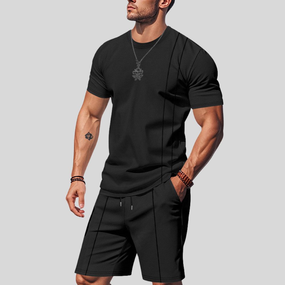 Herrenanzug mit Waffelmuster, einfarbig, Rundhalsausschnitt, kurzärmelig