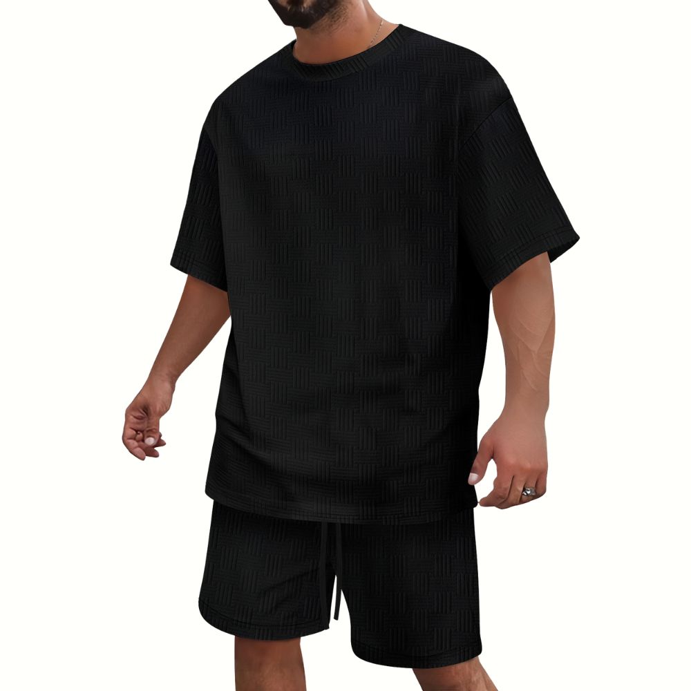 Sommer lässig Herren Jacquard einfarbig Rundhals T-Shirt Shorts Anzug