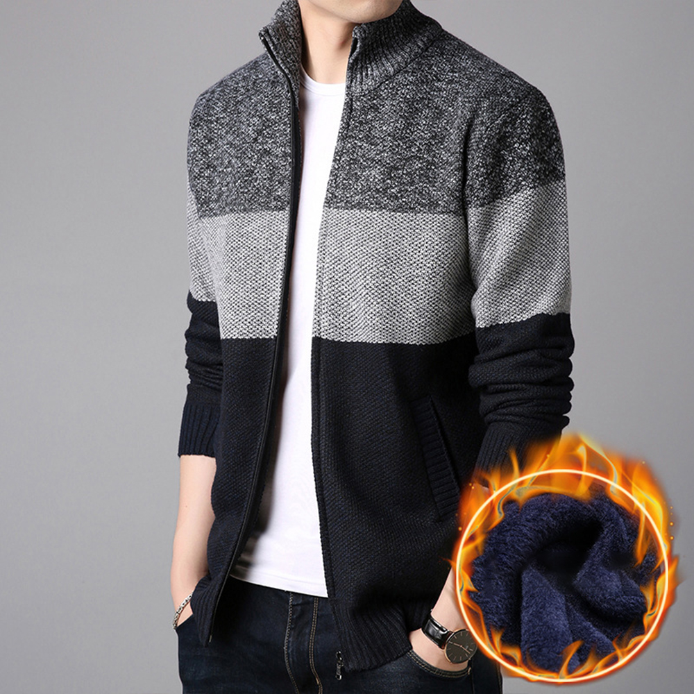 Herren-Pulloverjacke aus verdicktem Samt mit Farbblockierung und lässigem Stehkragen