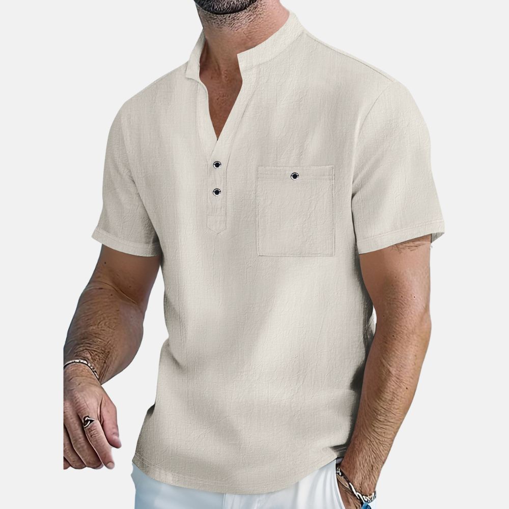 Lockeres, dünnes Kurzarmhemd aus Baumwolle und Leinen mit Stehkragen für Herren