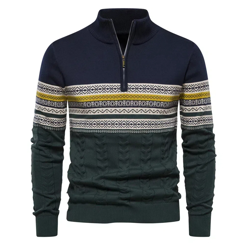 Pull demi-zippé en jacquard color block pour hommes