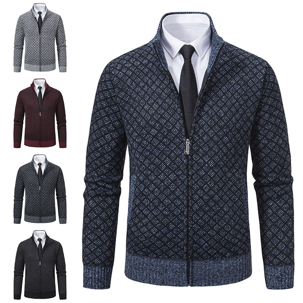 Veste tricotée chaude à col montant à carreaux pour hommes