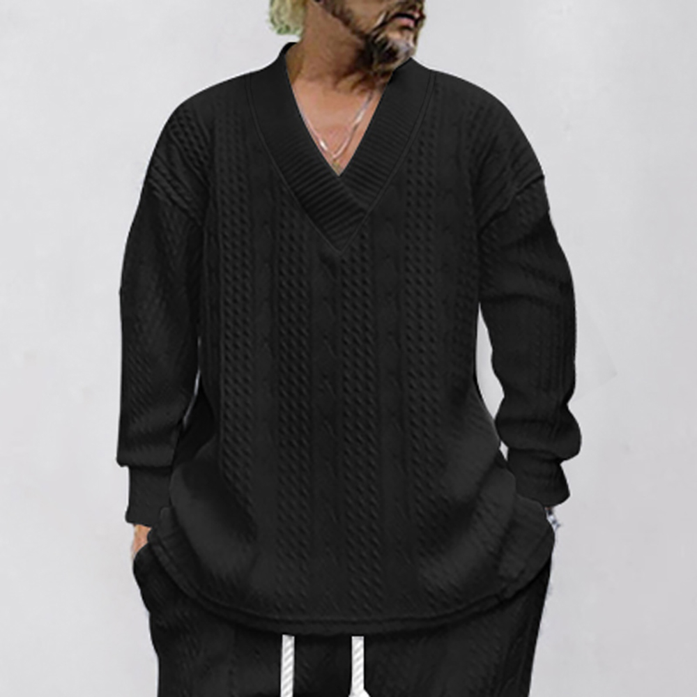 Pull tricoté jacquard ample décontracté à col en V pour hommes