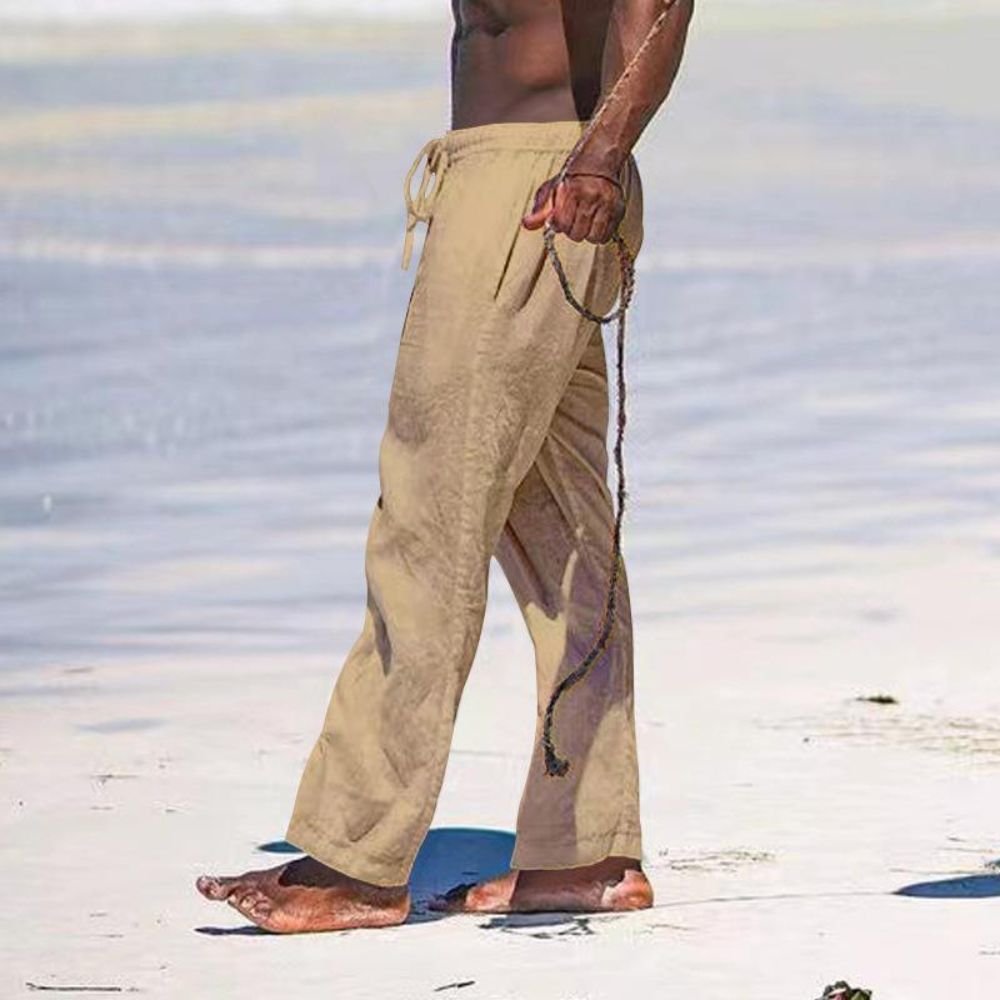 Pantalon décontracté en coton et lin de couleur unie pour homme