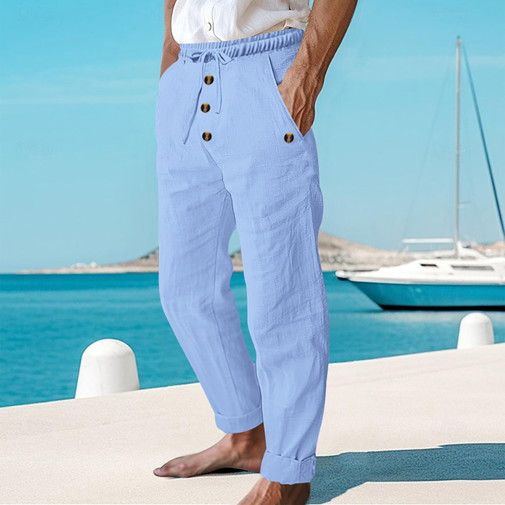 Pantalon décontracté ample à boutons en coton et lin pour homme