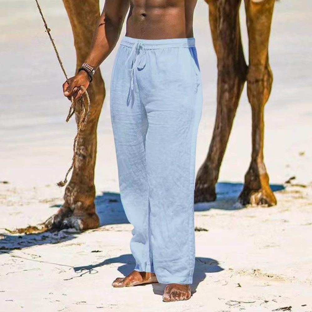 Pantalon décontracté en coton et lin de couleur unie pour homme