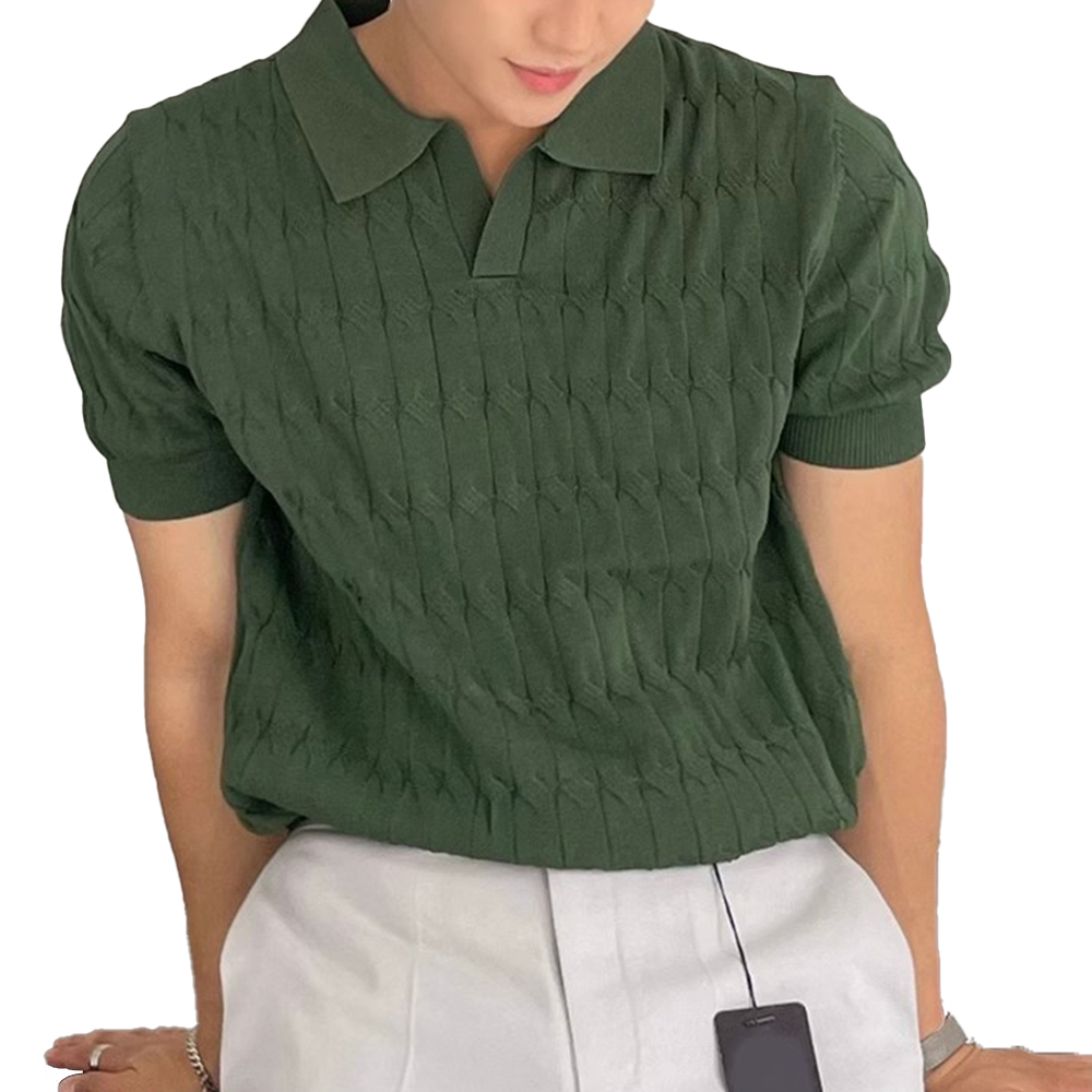 Atmungsaktiver Jacquard-Kurzarm-Strickpullover mit Revers für Herren