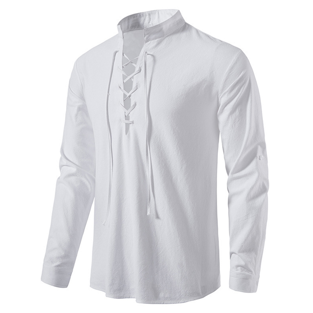 Bequemes Herrenhemd aus Baumwolle und Leinen mit V-Ausschnitt und Schnürung