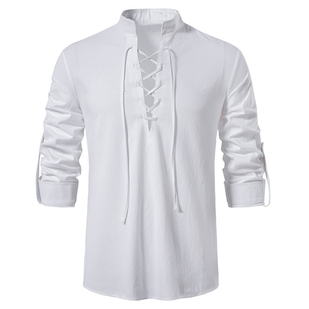 Bequemes Herrenhemd aus Baumwolle und Leinen mit V-Ausschnitt und Schnürung