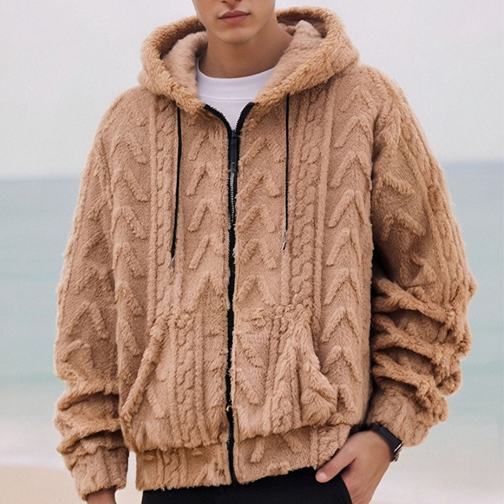 Herren-Winterjacke aus Korallensamt mit langen Ärmeln und Kapuze und Reißverschluss