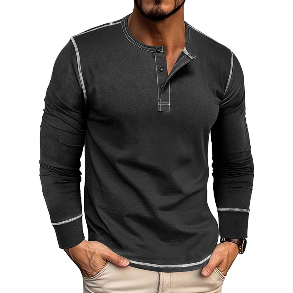 T-shirt décontracté à manches longues et col Henley pour homme