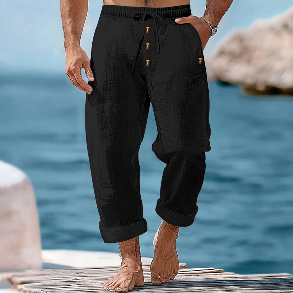 Pantalon décontracté ample à boutons en coton et lin pour homme