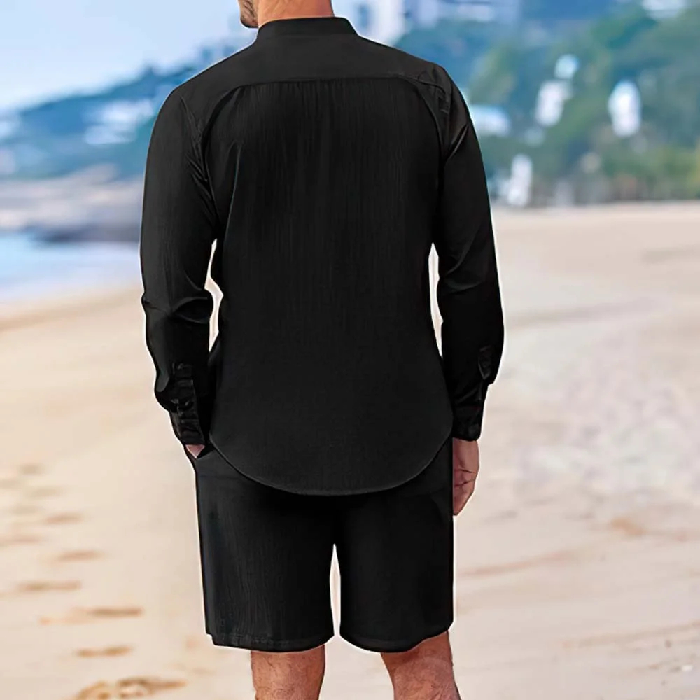 Ensemble deux pièces chemises et shorts en coton et lin pour hommes