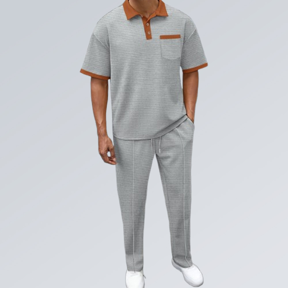 Lässiger Hosenanzug mit Waffelmuster und Colorblock-Revers für Herren, kurzärmelig