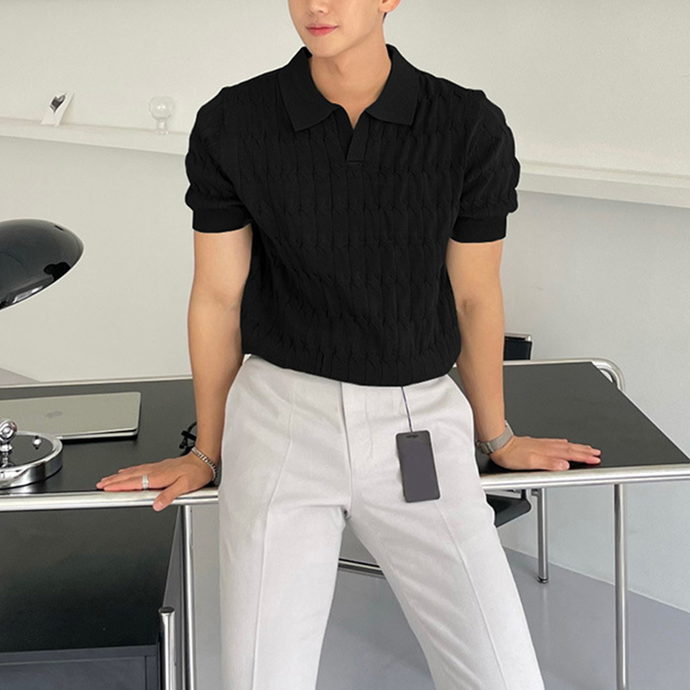 Atmungsaktiver Jacquard-Kurzarm-Strickpullover mit Revers für Herren