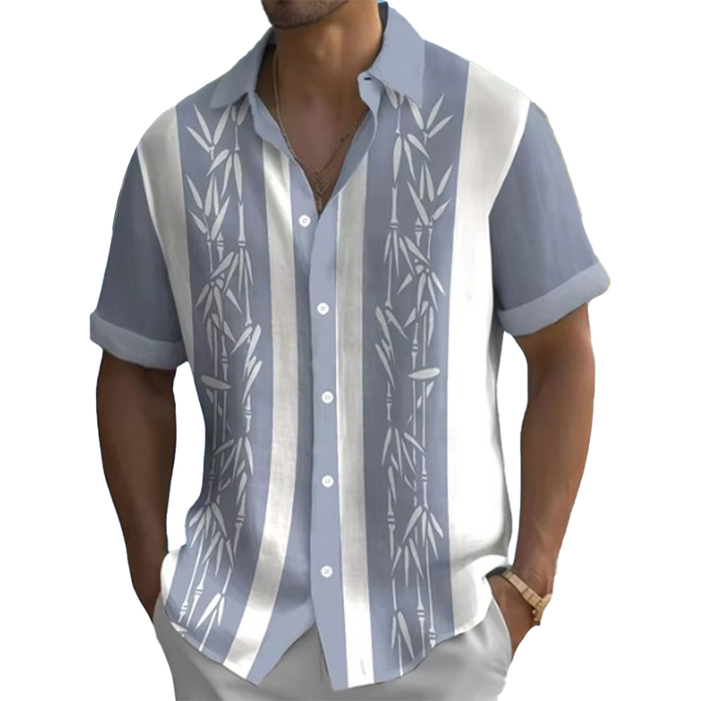 Kurzärmliges Herrenhemd mit Bambus-Tintenmalerei-Print und Revers