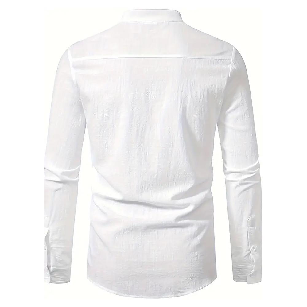 Einfarbiges Herrenhemd aus Baumwolle und Leinen mit langen Ärmeln und lockerem Stehkragen