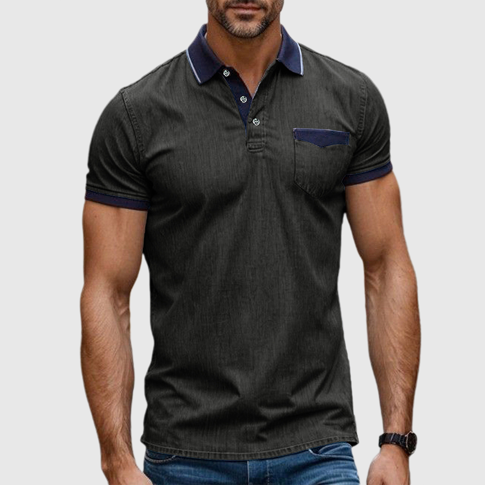 Herren Stretch Denim Strukturiertes Revers T-Shirt Kurzarm