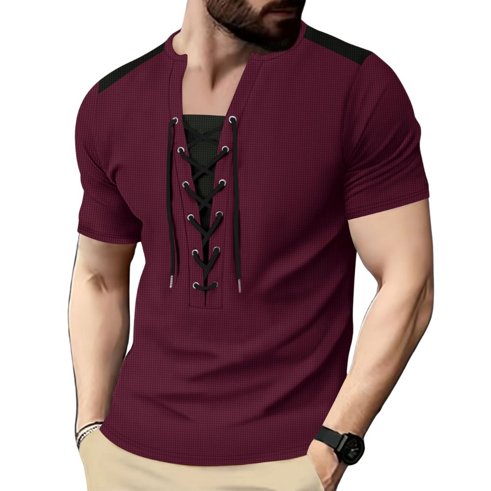 Vielseitiges, lässiges Kurzarm-T-Shirt mit Colorblock-Nähten und Kordelzug