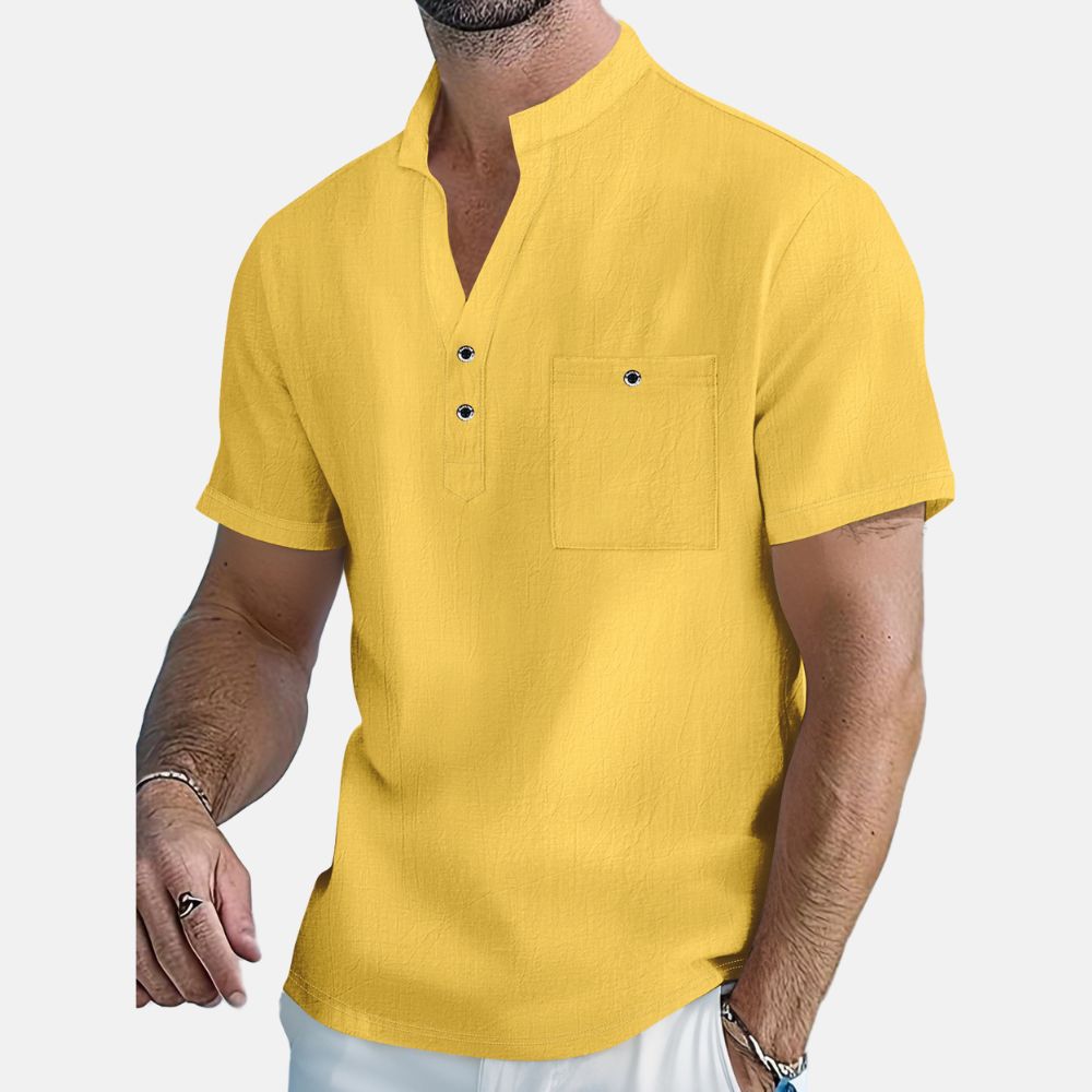 Lockeres, dünnes Kurzarmhemd aus Baumwolle und Leinen mit Stehkragen für Herren