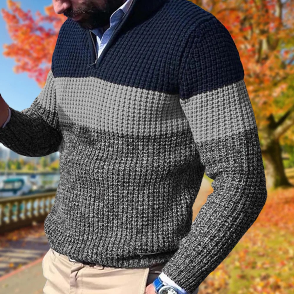Pull décontracté à col zippé en blocs de couleurs pour hommes