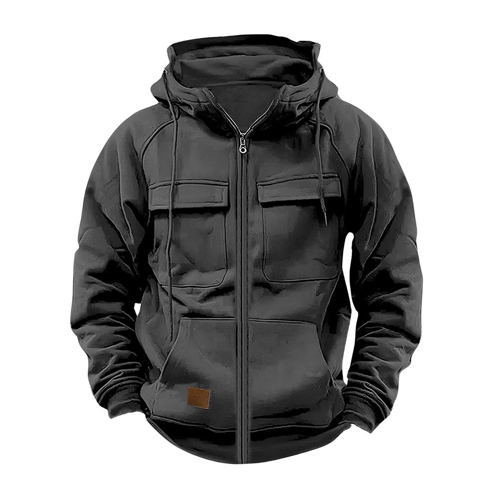 Einfarbige Retro-Sweatshirtjacke mit mehreren Taschen für Herren