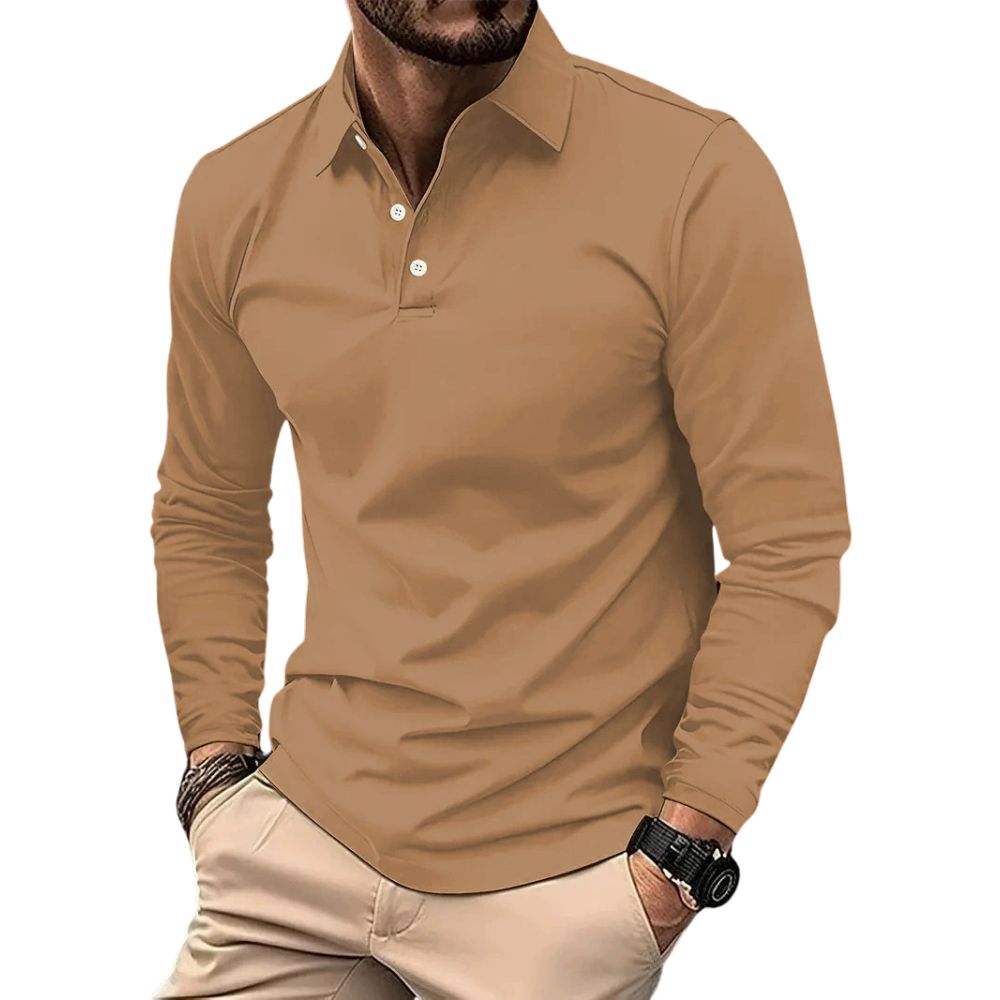 Polo décontracté à manches longues de couleur unie pour hommes