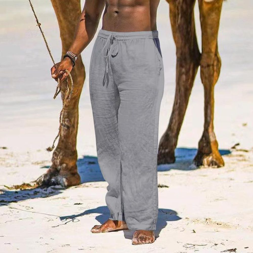 Pantalon décontracté en coton et lin de couleur unie pour homme