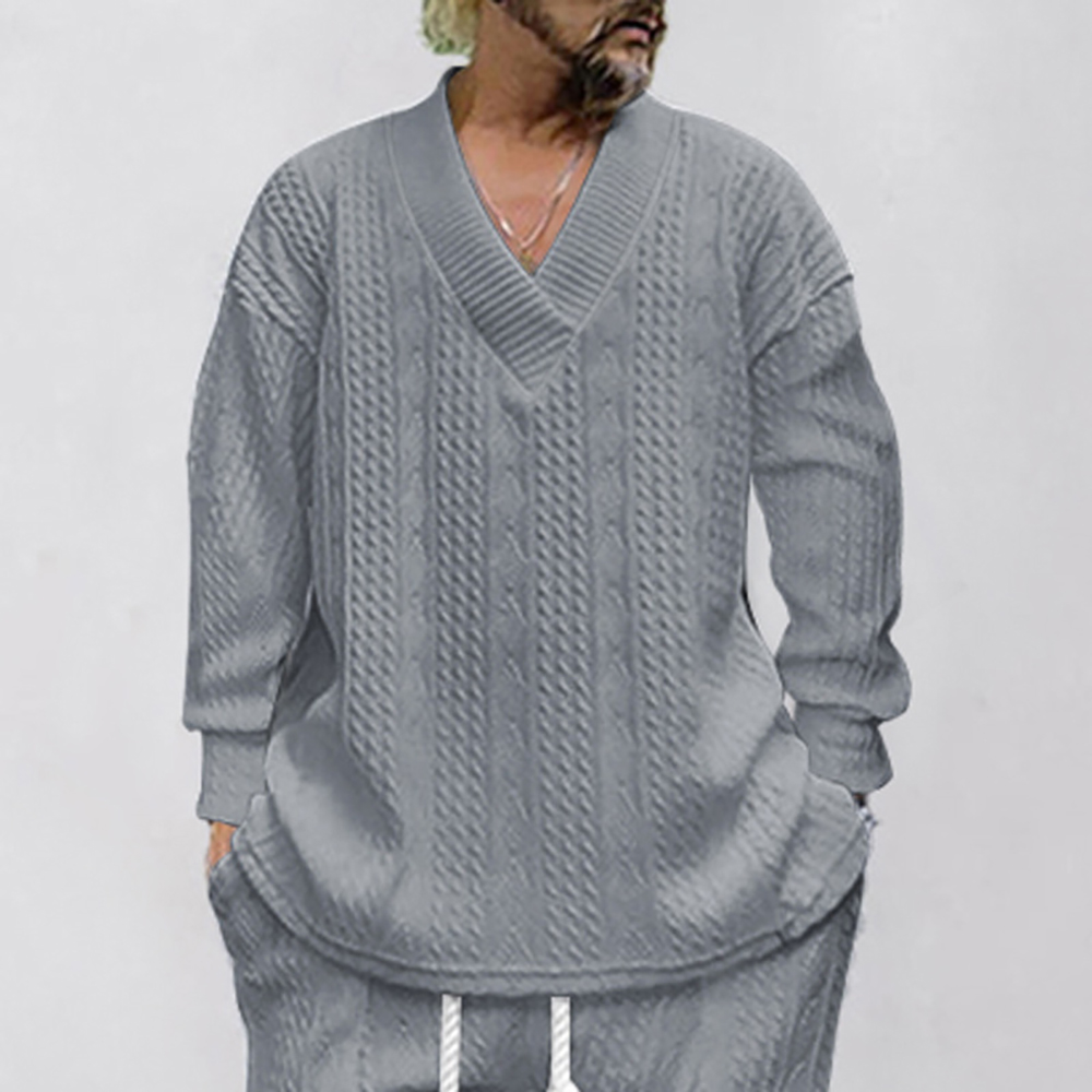 Pull tricoté jacquard ample décontracté à col en V pour hommes