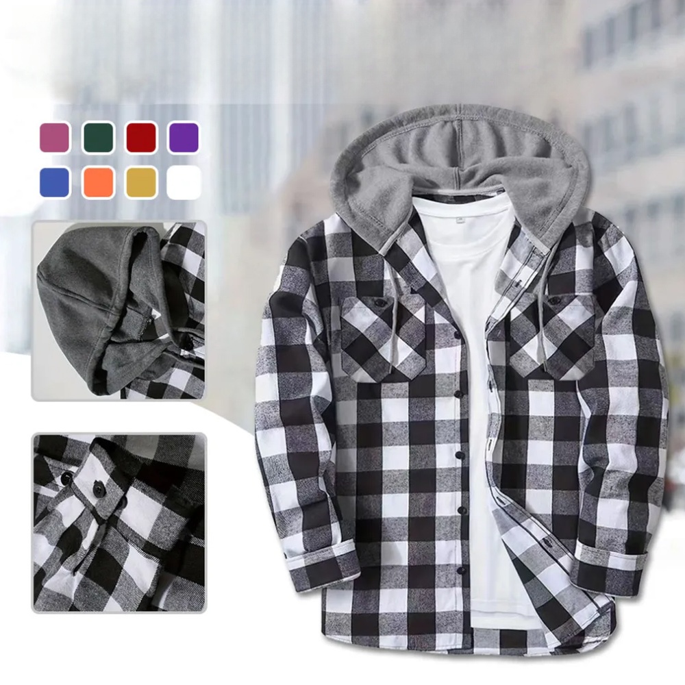 Herren-Cardigan mit gebürstetem Schachbrettmuster und Kapuze sowie Kordelzug