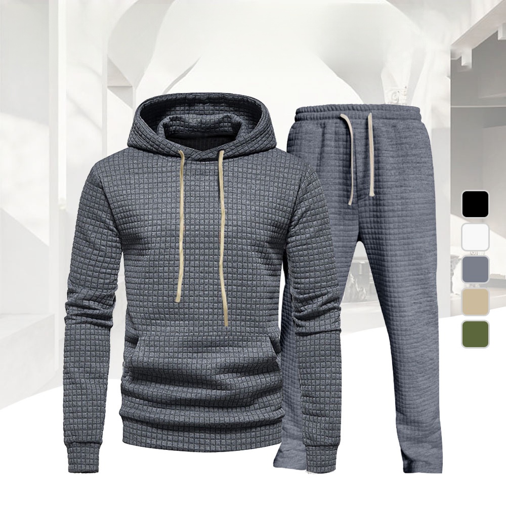 Lässiges Herren-Set aus Kapuzensweatshirt und Hose mit kleinem Karomuster aus Jacquard