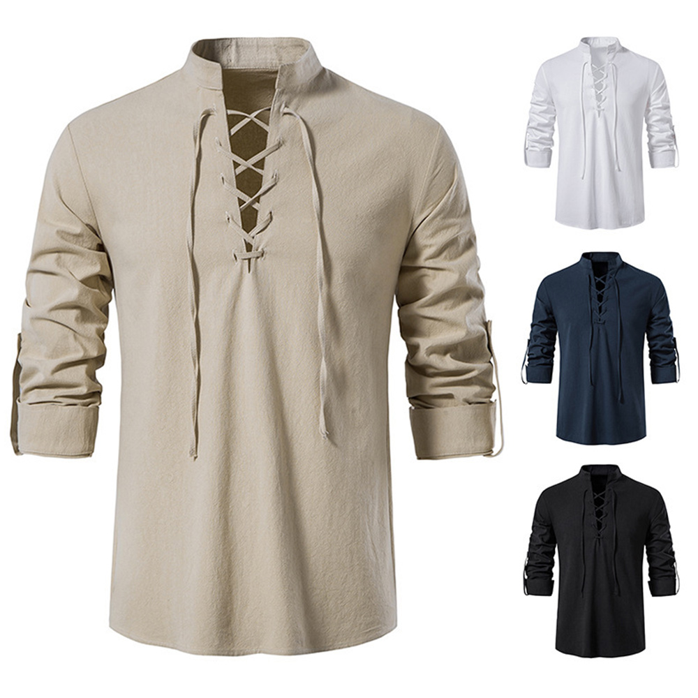 Bequemes Herrenhemd aus Baumwolle und Leinen mit V-Ausschnitt und Schnürung