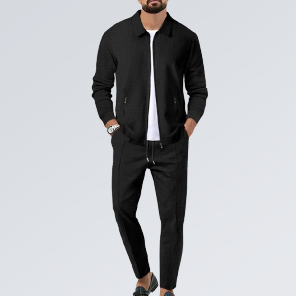 Herren-Hosenanzug mit Waffelmuster und Revers, Reißverschluss und langen Ärmeln