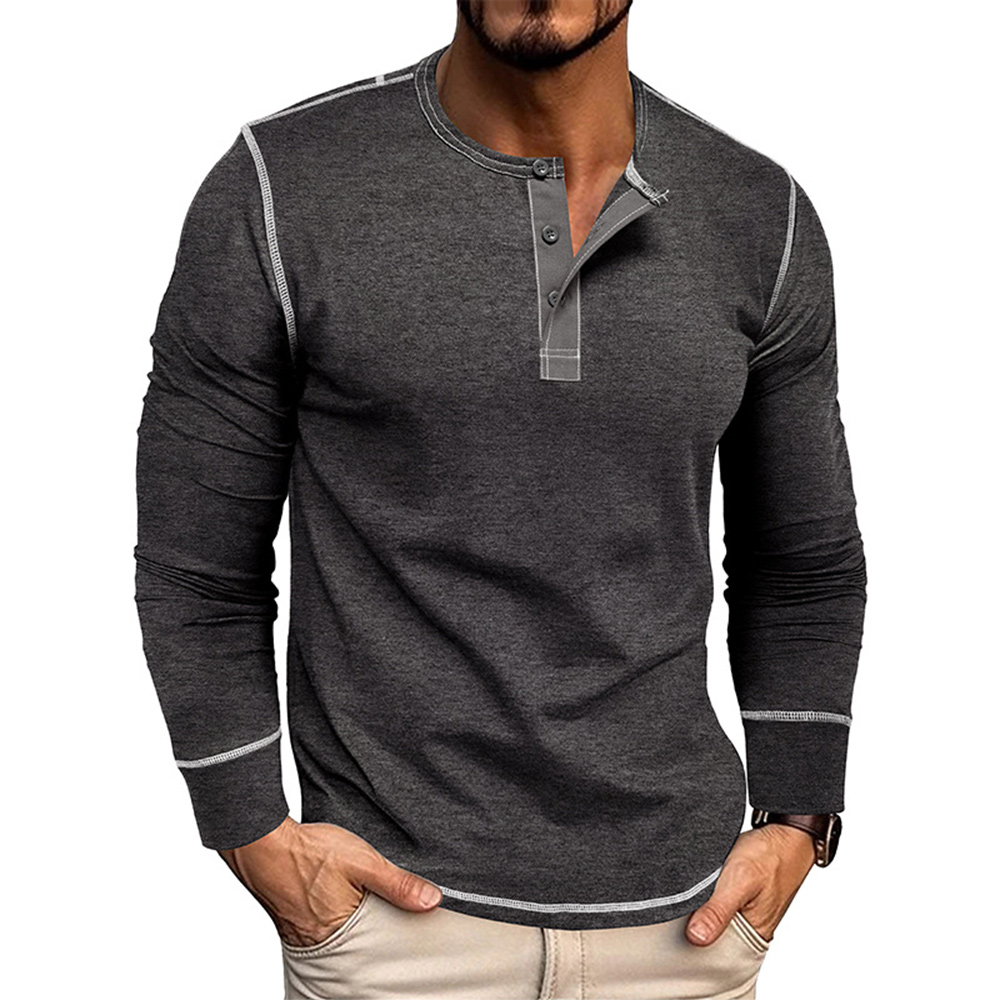 T-shirt décontracté à manches longues et col Henley pour homme