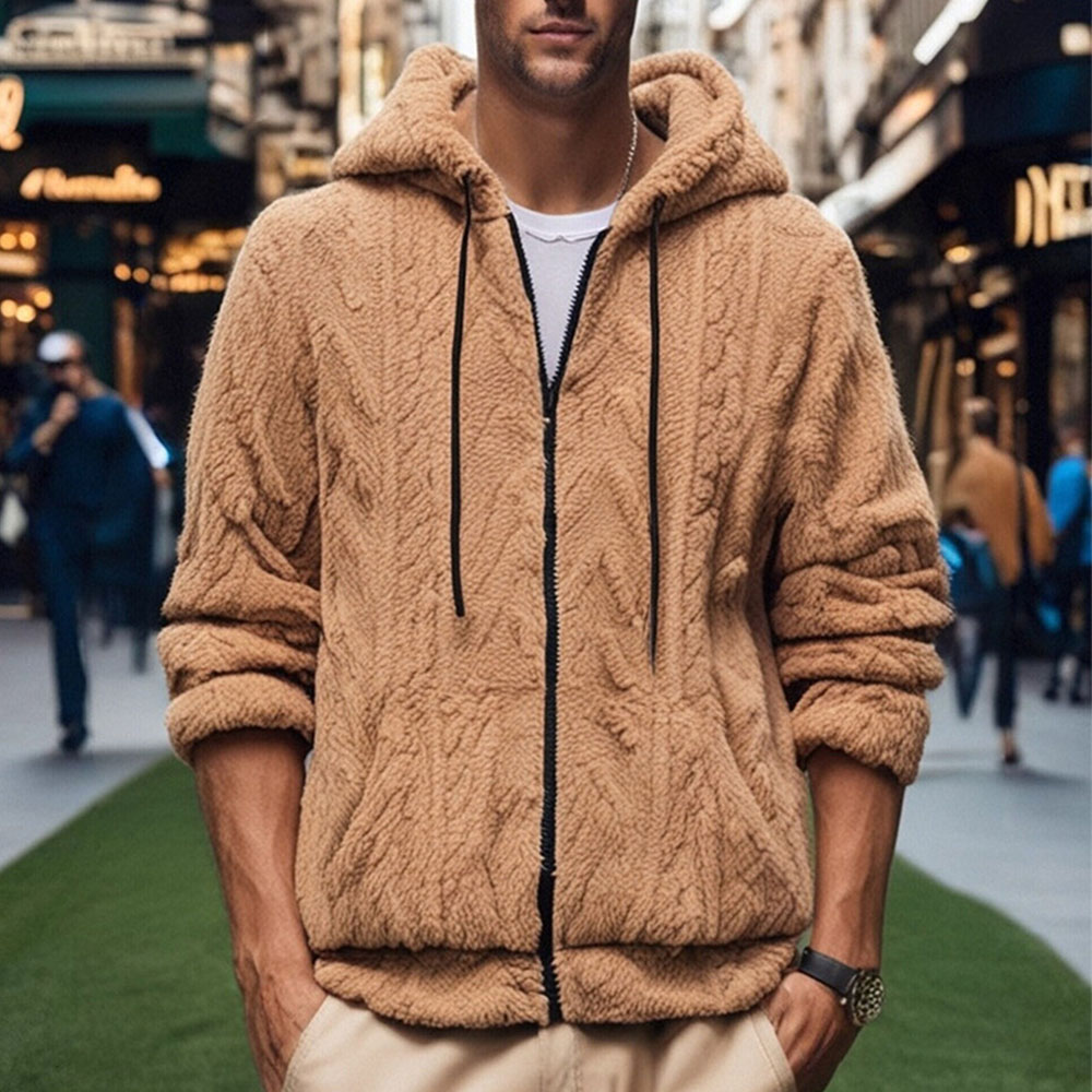 Herren-Winterjacke aus Korallensamt mit langen Ärmeln und Kapuze und Reißverschluss