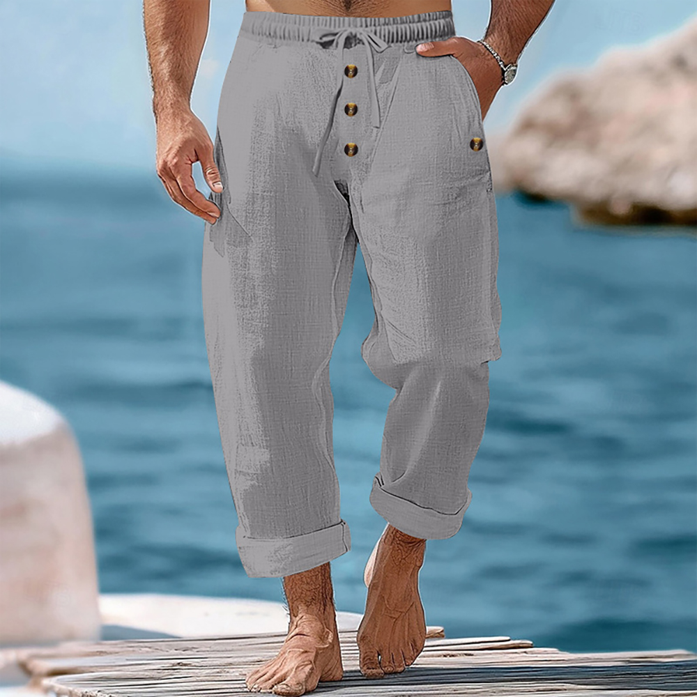 Pantalon décontracté ample à boutons en coton et lin pour homme