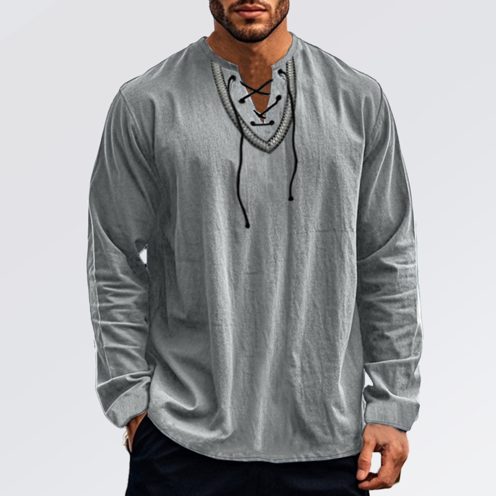 Lässiges Langarmhemd aus Baumwolle und Leinen für Herren mit überkreuzten Trägern