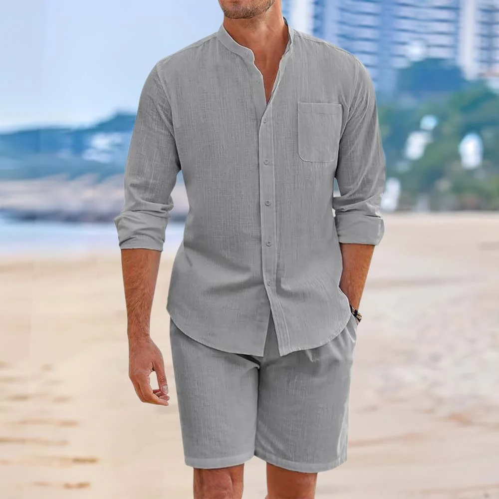 Ensemble deux pièces chemises et shorts en coton et lin pour hommes