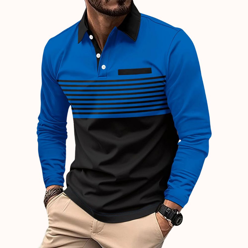 Frühling und Herbst Herren-Poloshirt mit Streifenmuster und Farbblock-Langarm