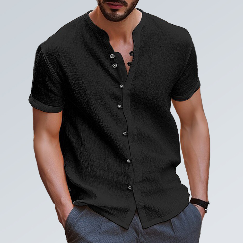Einfarbiges Kurzarmhemd aus Baumwolle und Leinen für Herren