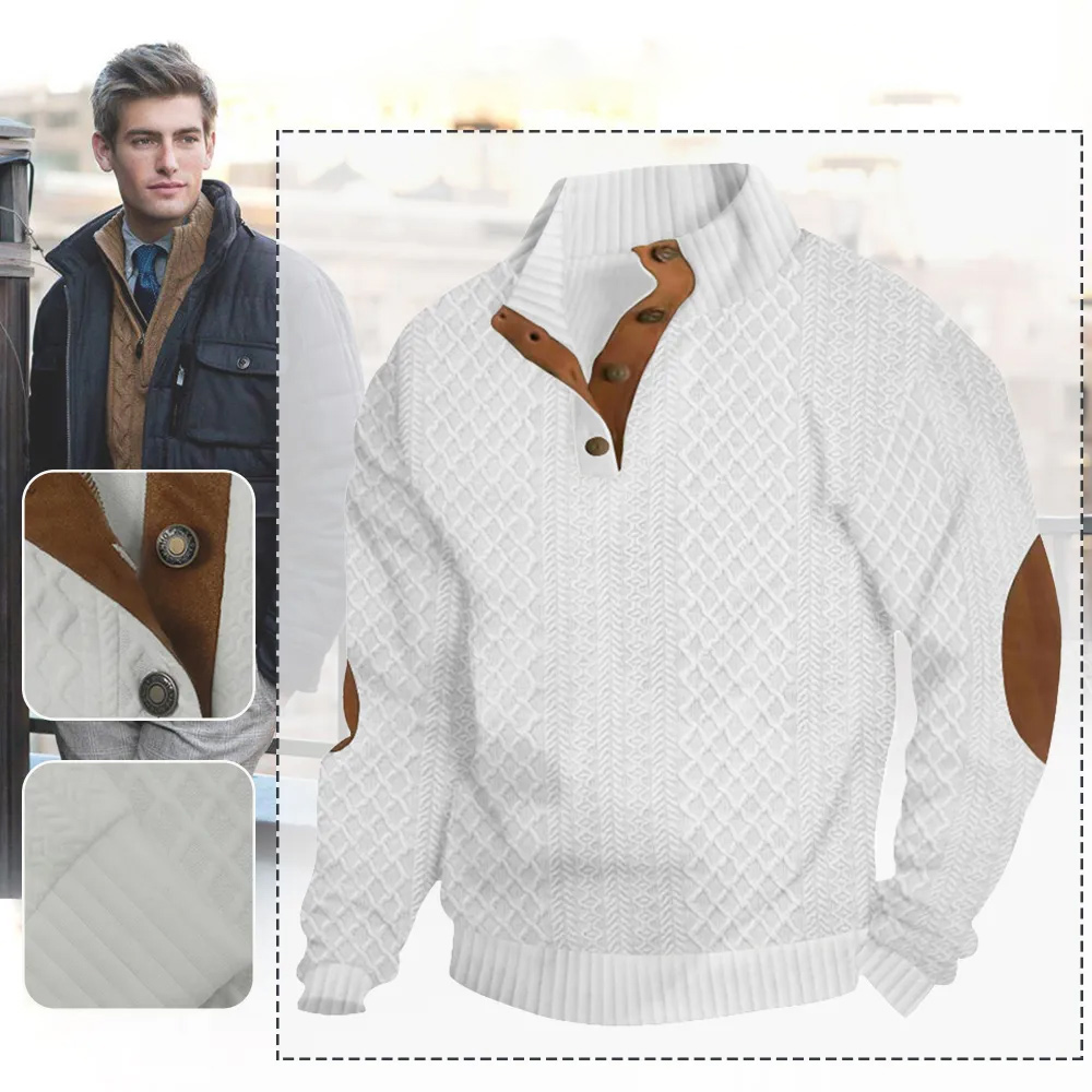 Neuer Langarmpullover mit Henry-Ausschnitt und geprägtem Muster und Nähten für Herren