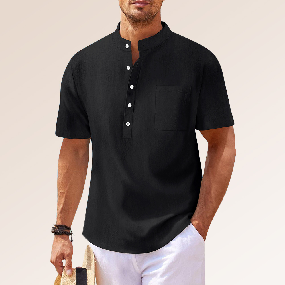 Lockeres Kurzarmhemd aus Baumwolle und Leinen mit Stehkragen für Herren