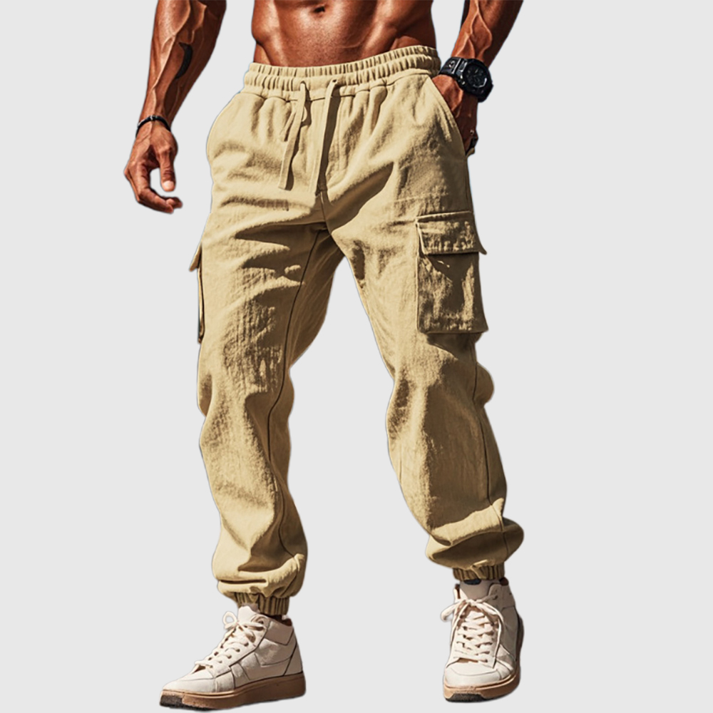 Lässige Herrenhose aus Leinen mit geradem Bein und mehreren Taschen