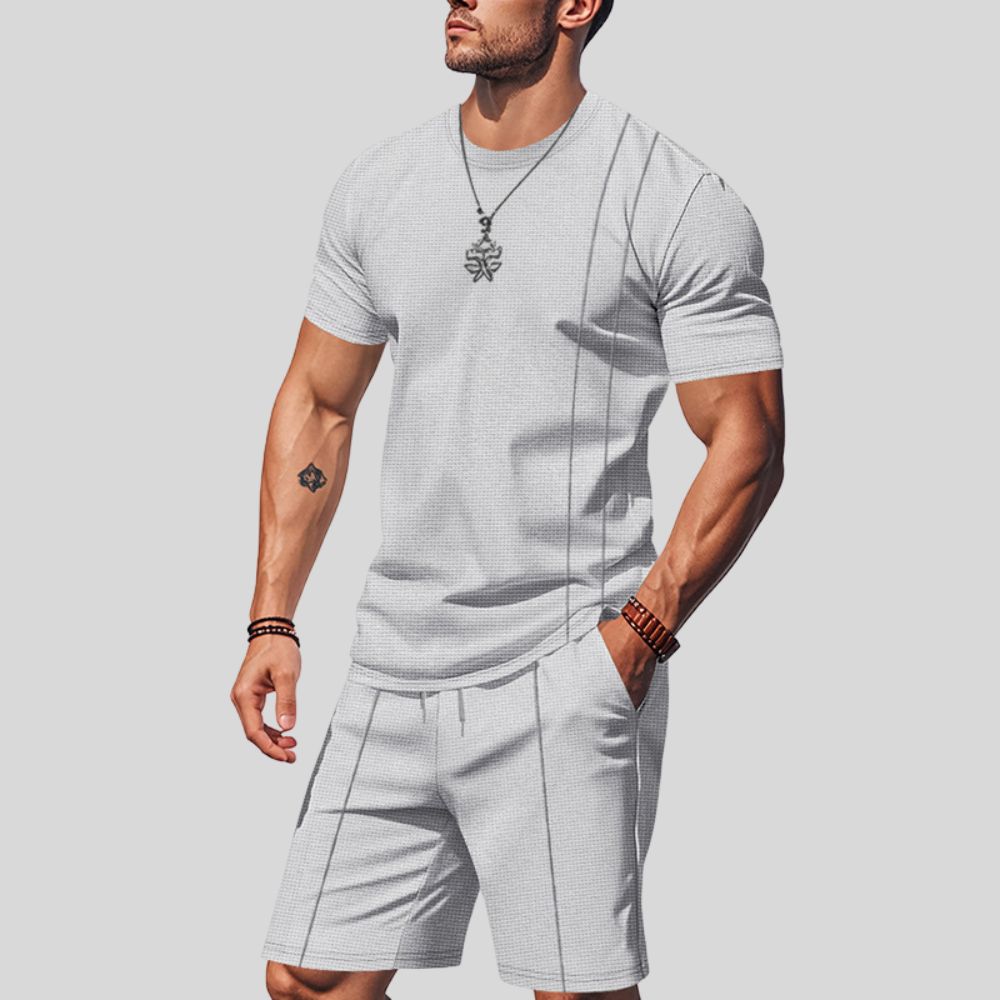 Herrenanzug mit Waffelmuster, einfarbig, Rundhalsausschnitt, kurzärmelig