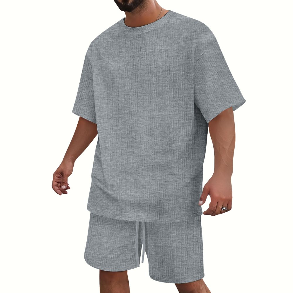 Sommer lässig Herren Jacquard einfarbig Rundhals T-Shirt Shorts Anzug